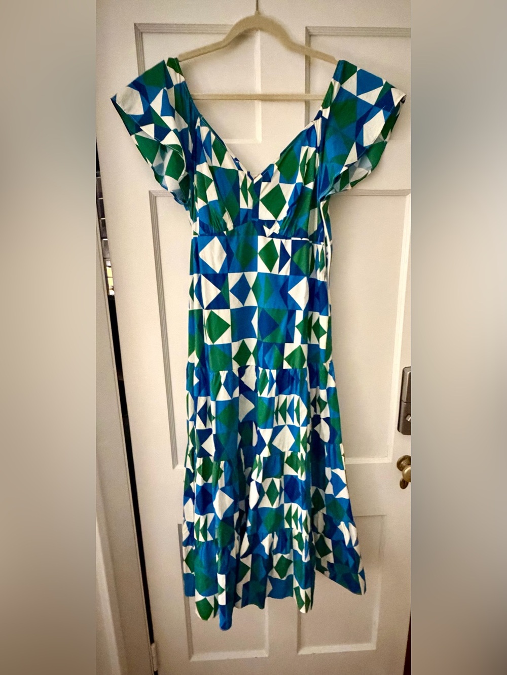 Anthropologie Dress-Geometric Print V-Neck Midi Dress in Blue & Green